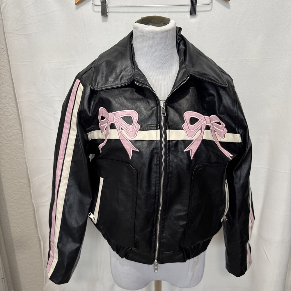Xinyigongzhu Vintage Bomber Jacket With Pink Bows Size Medium